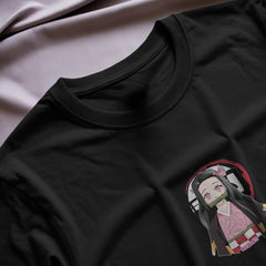 Black t-shirt with a graphic design of a character on a plain background